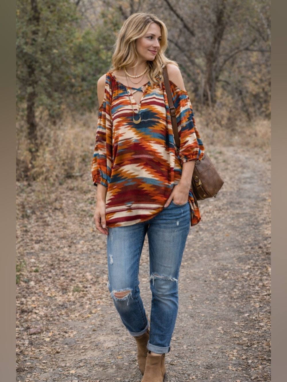 Southwestern Aztec Print Cold Shoulder Blouse Boho Flowy Top S